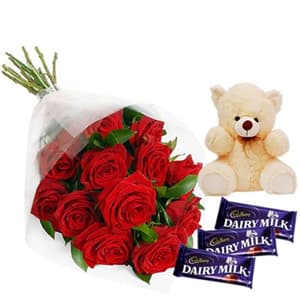 12 Red Roses Bunch with Teddy n Chocolates